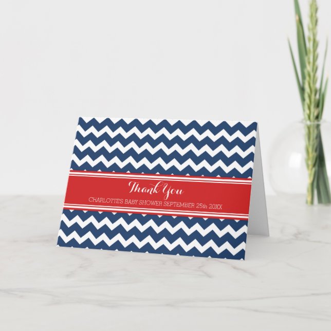 Navy Blue Red Chevrons Baby Shower Thank You Card (Front)