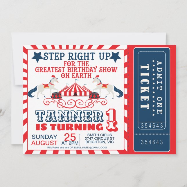 Navy Blue Red Circus Ticket  Circus Tent Birthday Invitation (Front)