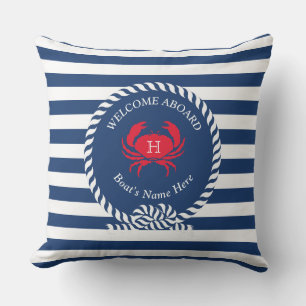 Navy Blue  Red Crab Nautical Stripes Boat Name Out Cushion