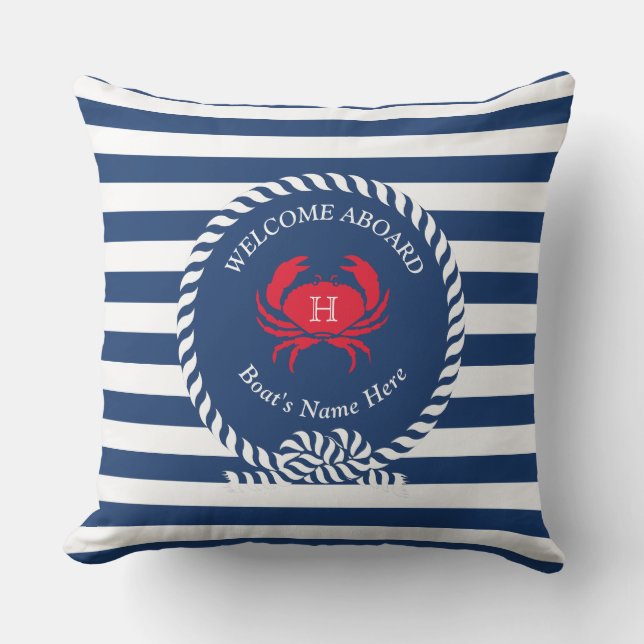 Navy Blue  Red Crab Nautical Stripes Boat Name Out Cushion (Front)