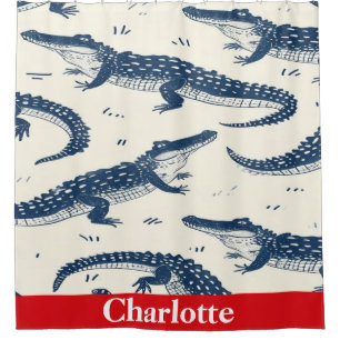 Navy Blue& Red Cute crocodiles Shower Curtain