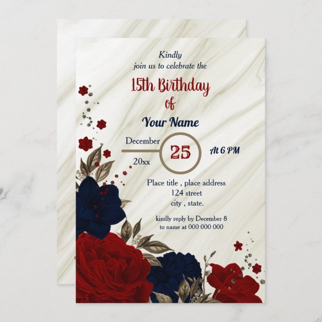 navy blue & red floral birthday party invitation (Front/Back)