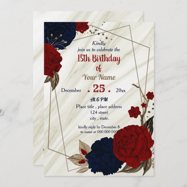navy blue & red floral geometric birthday party invitation (Front/Back)