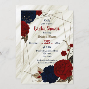 navy blue & red floral geometric bridal shower invitation