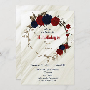 navy blue & red floral wreath birthday party invitation