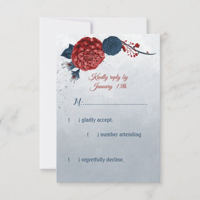 navy blue & red flowers RSVP card (Front)