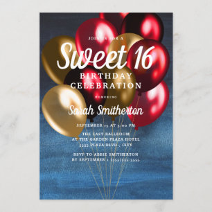 Navy Blue Red Gold Balloons Sweet 16 Invitation