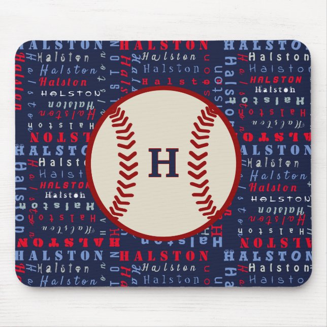 Navy Blue, Red Monogram Name pattern Kids baseball Mouse Pad (Front)