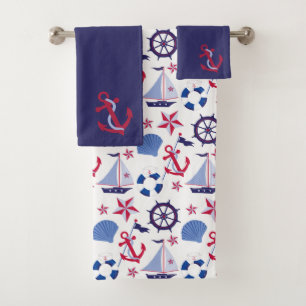 Navy Blue Red Nautical Pattern Bath Towel Set