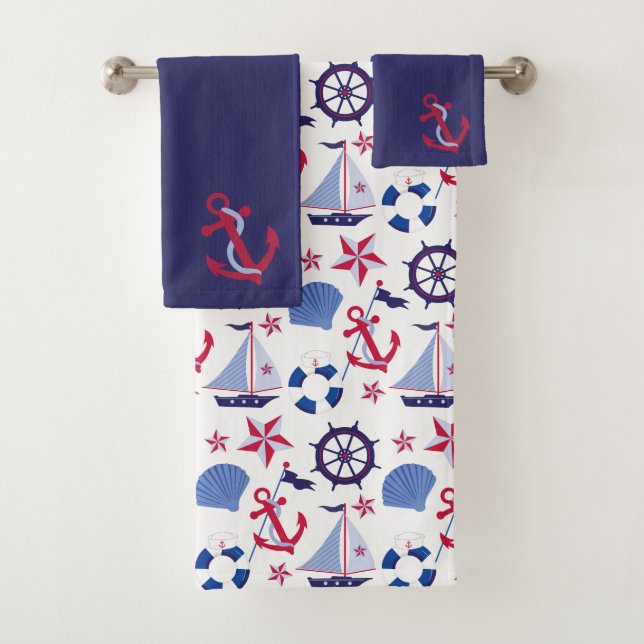 Navy Blue Red Nautical Pattern Bath Towel Set (Insitu)