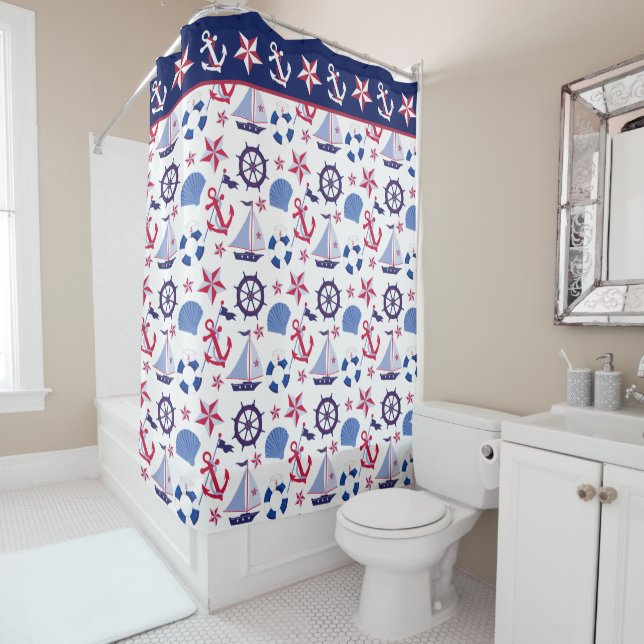 Navy Blue Red Nautical Pattern Shower Curtain (In Situ)