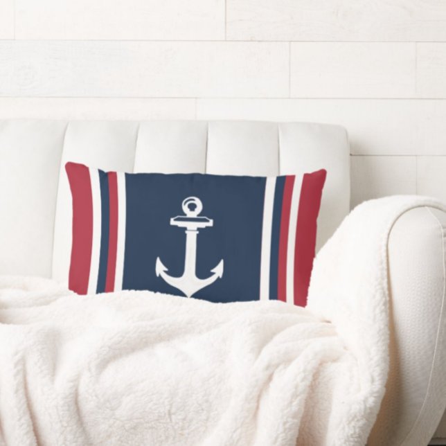 Navy Blue Red Nautical Throw Pillow Anchor (Creator Uploaded)