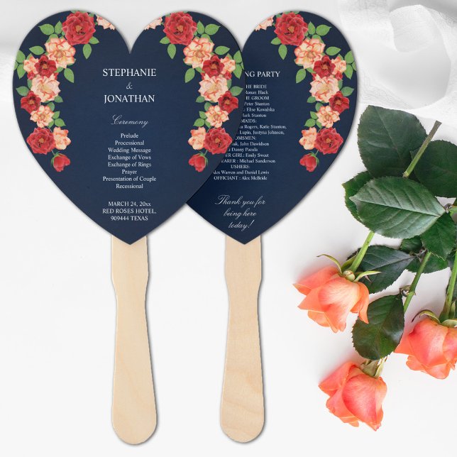 Navy Blue Red Orange Rose Wedding Ceremony Program Hand Fan (Navy Blue Red Orange Rose Wedding Ceremony Program Hand Fan)
