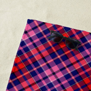 Navy Blue Red Pink Plaid Tartan Design Beach Towel