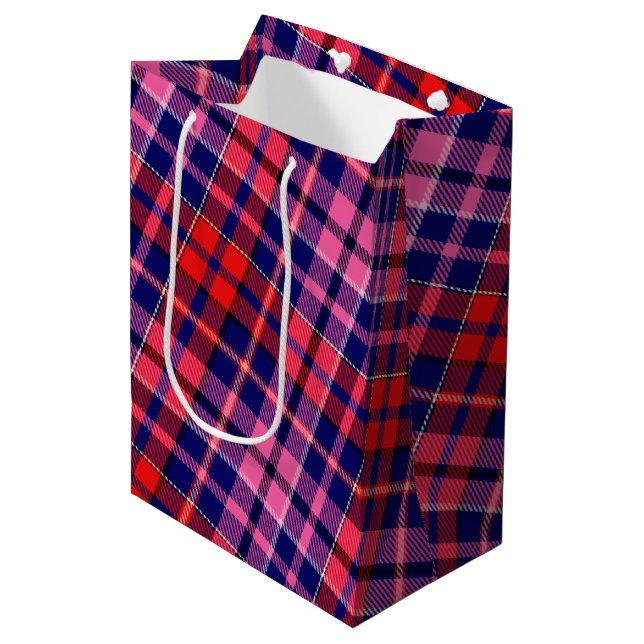 Navy Blue Red Pink Plaid Tartan Design  Medium Gift Bag (Front Angled)