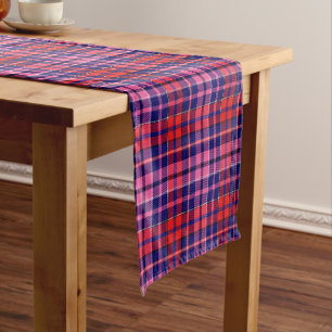 Navy Blue Red Pink Plaid Tartan Design Short Table Runner