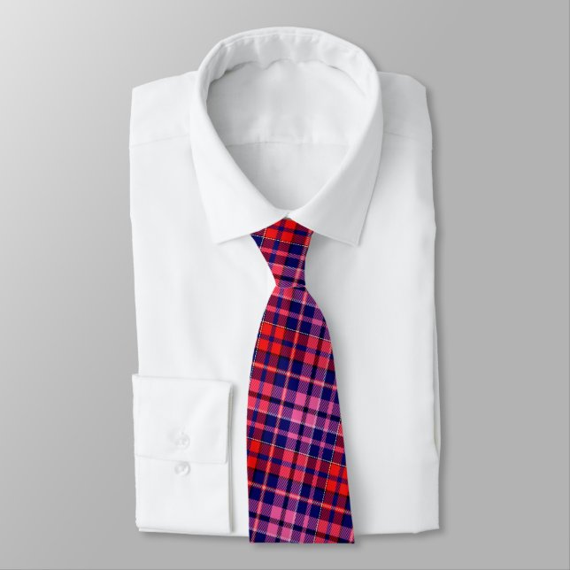 Navy Blue Red Pink Plaid Tartan Design  Tie (Tied)