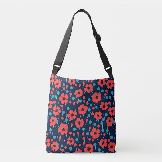 Navy Blue Red Poppy Floral Print Pattern Crossbody Bag (Front)