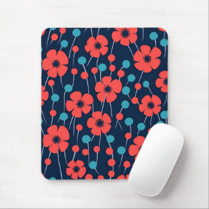 Navy Blue Red Poppy Floral Print Pattern Mouse Pad