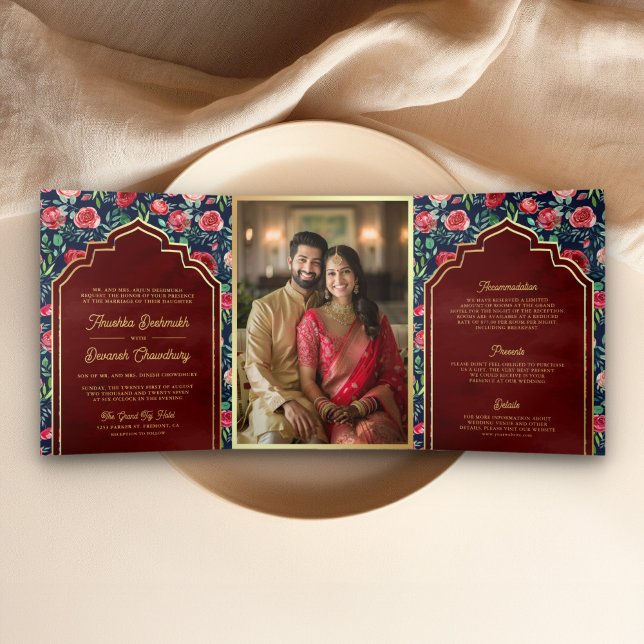 Navy Blue Red Roses Floral Gold Indian Wedding Tri-Fold Invitation (Creator Uploaded)