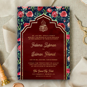 Navy Blue Red Roses Floral Muslim Wedding Gold