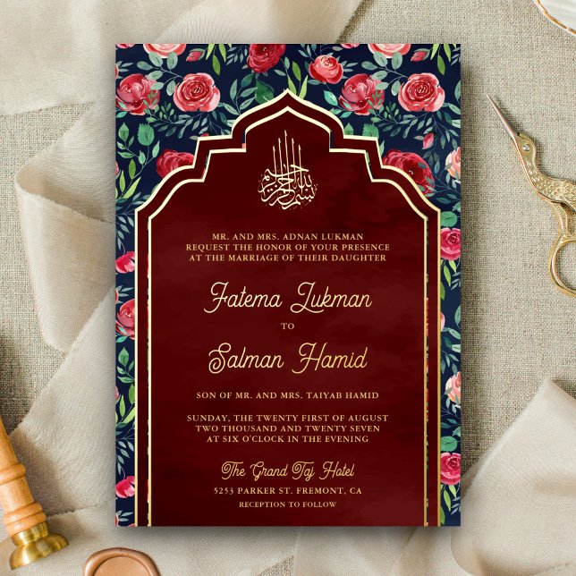Navy Blue Red Roses Floral Muslim Wedding Gold (Creator Uploaded)