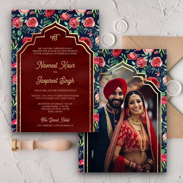 Navy Blue Red Roses Photo Anand Karaj Sikh Wedding Invitation (Creator Uploaded)