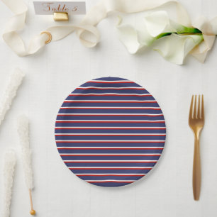 Navy Blue Red Stripe Pattern Paper Plate