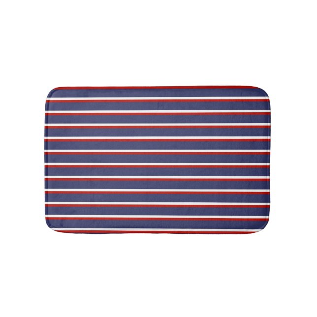 Navy Blue Red Striped Chic Modern Vertical Lines Bath Mat (Front)