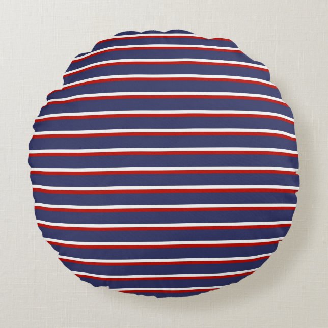 Navy Blue Red Striped Modern Stylish Pattern Round Cushion (Front)