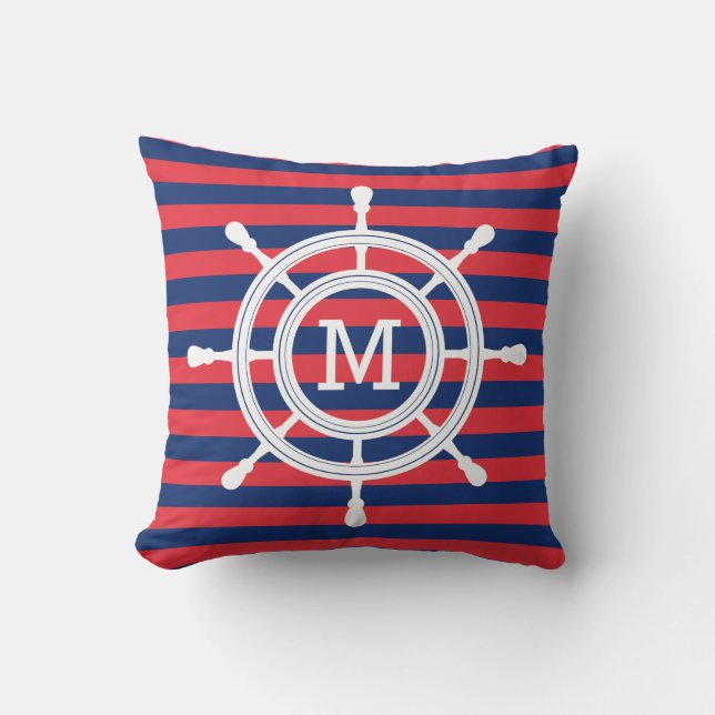 Navy Blue & Red Stripes Rudder Monogram Cushion (Front)