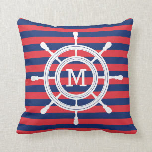 Navy Blue & Red Stripes Rudder Monogram Cushion