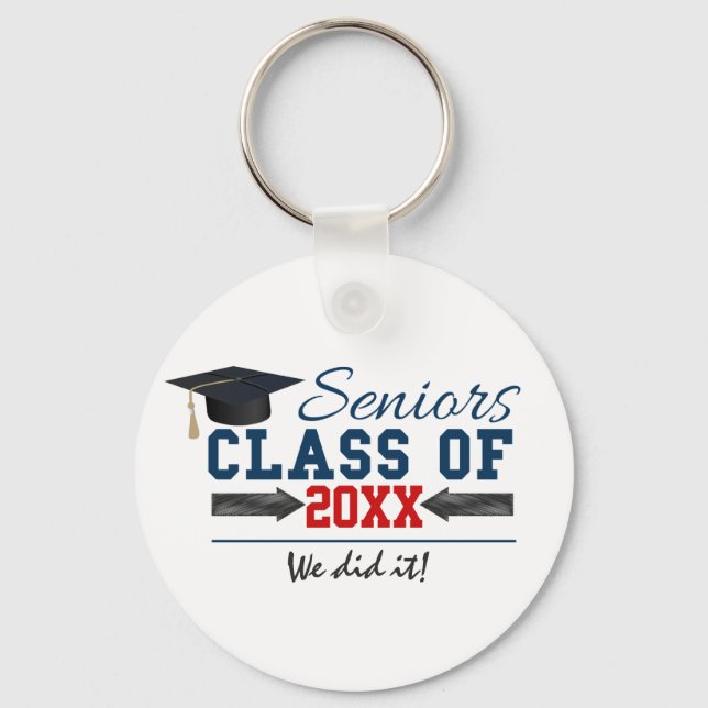Navy Blue Red Typography Graduation key ring (Front)
