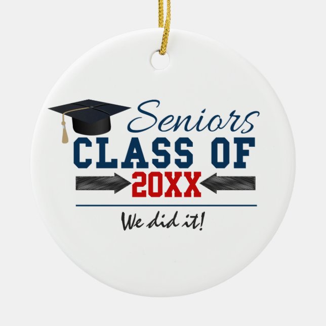 Navy Blue Red Typography Graduation ornament (Front)