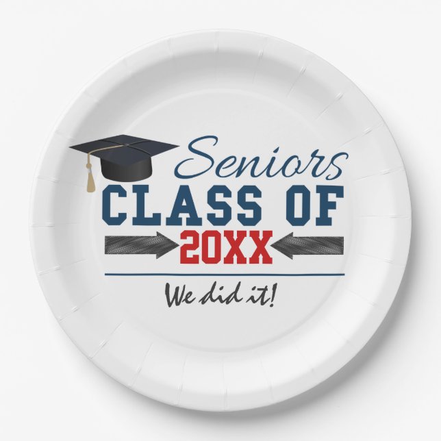 Navy Blue Red Typography Graduation Party Plates (Front)
