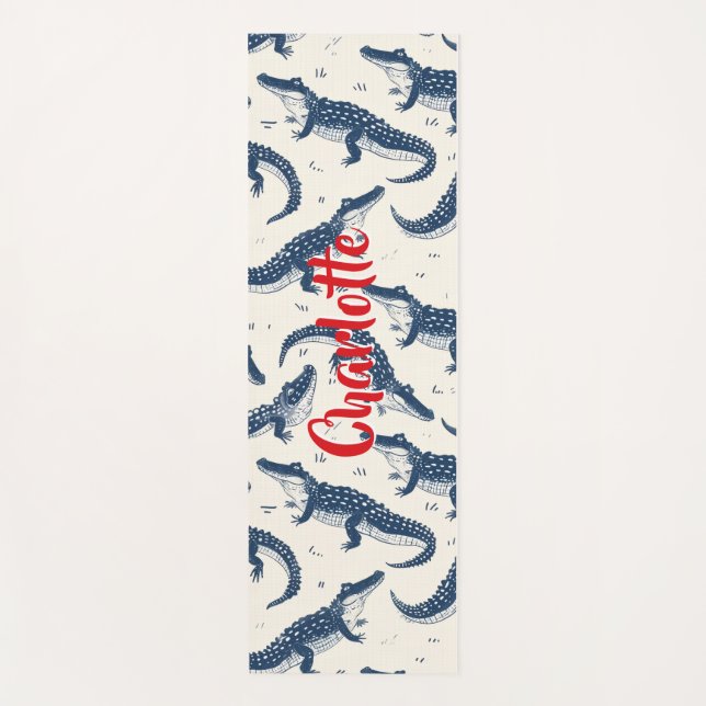 Navy Blue & Red vintage crocodile pattern Yoga Mat (Front)