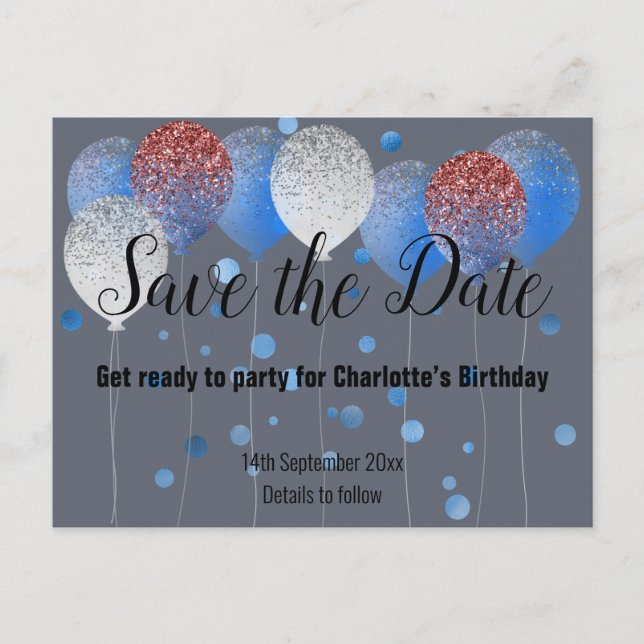 NAVY BLUE RED WHITE BALLOONS SAVE THE DATE ANNOUNCEMENT POSTCARD (Front)