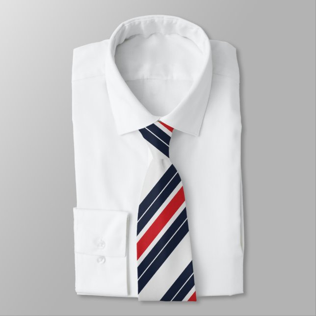 Navy Blue Red White Candy Stripe Tie (Tied)