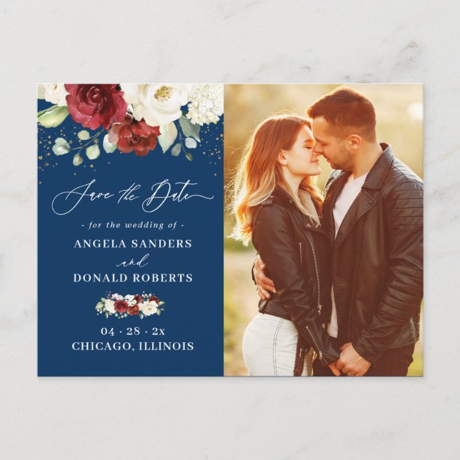 Navy Blue Red White Floral Photo Save the Date Postcard (Front)