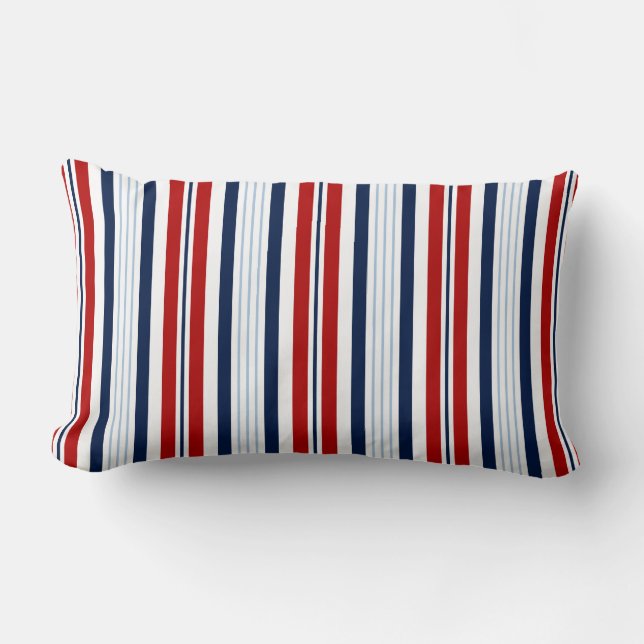 Navy Blue, Red, White Striped Nautical Pillow (Front)