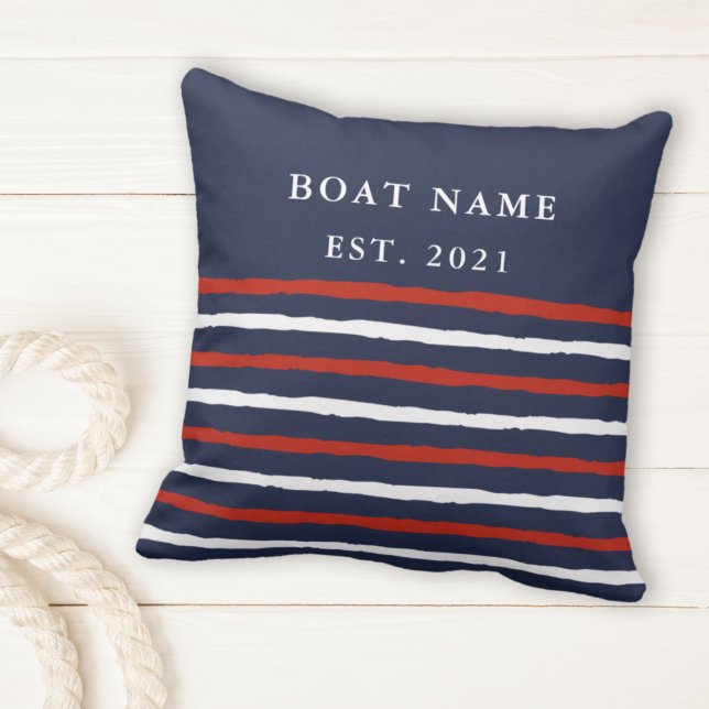 Navy Blue Red White Stripes Boat Name Nautical Cushion (Creator Uploaded)