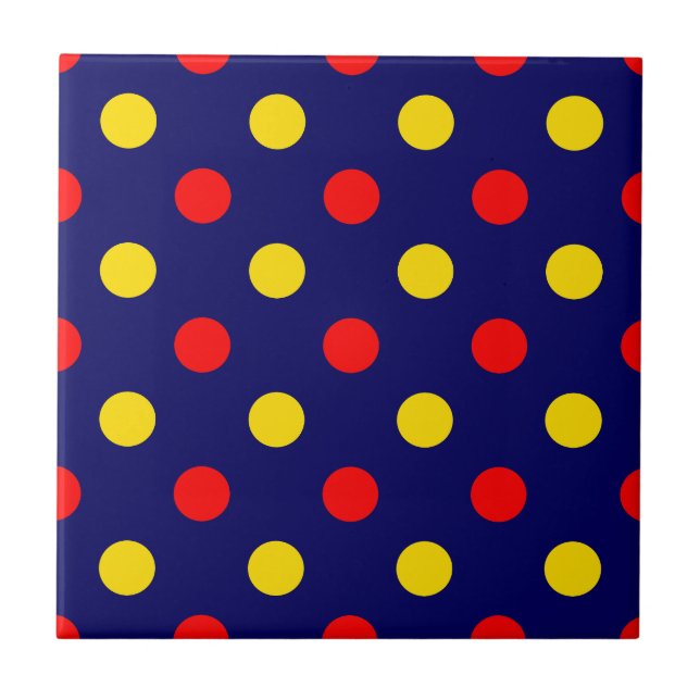 Navy Blue Red Yellow Polka Dots Design  Ceramic Tile (Front)