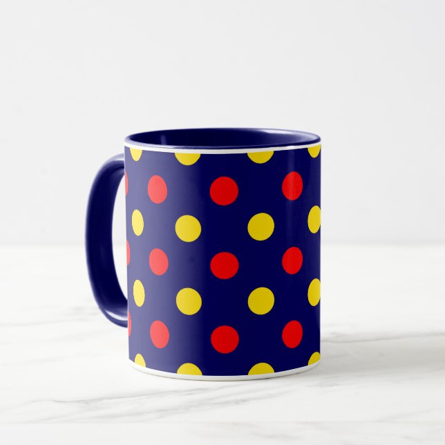 Navy Blue Red Yellow Polka Dots Design  Mug (Front Left)