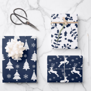 Navy Blue Reindeer, Christmas Tree & Holly Pattern Wrapping Paper Sheet