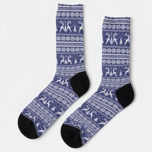 Navy Blue Reindeer Sweater Looking Christmas Socks