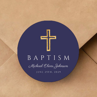 Navy Blue Religious Cross Boy Baptism Classic Round Sticker