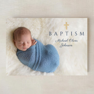 Navy Blue Religious Cross Boy Baptism Photo Invitation