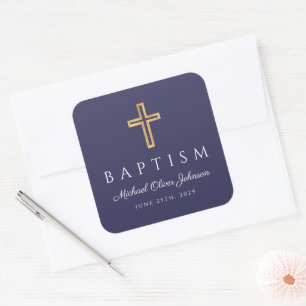 Navy Blue Religious Cross Boy Baptism Square Sticker