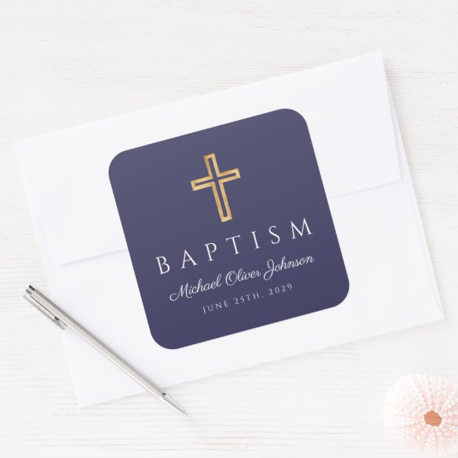 Navy Blue Religious Cross Boy Baptism Square Sticker (Envelope)