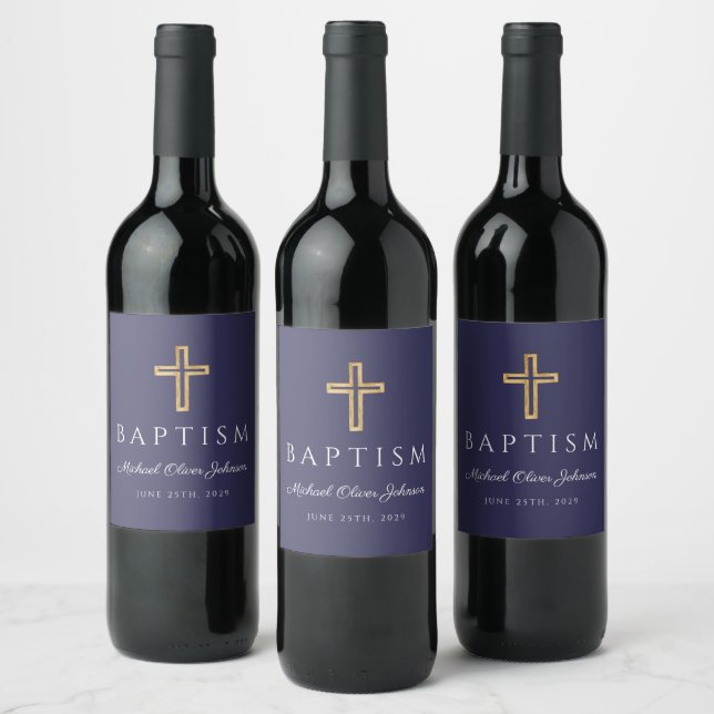 Navy Blue Religious Cross Boy Baptism Wine Label (Bottles)
